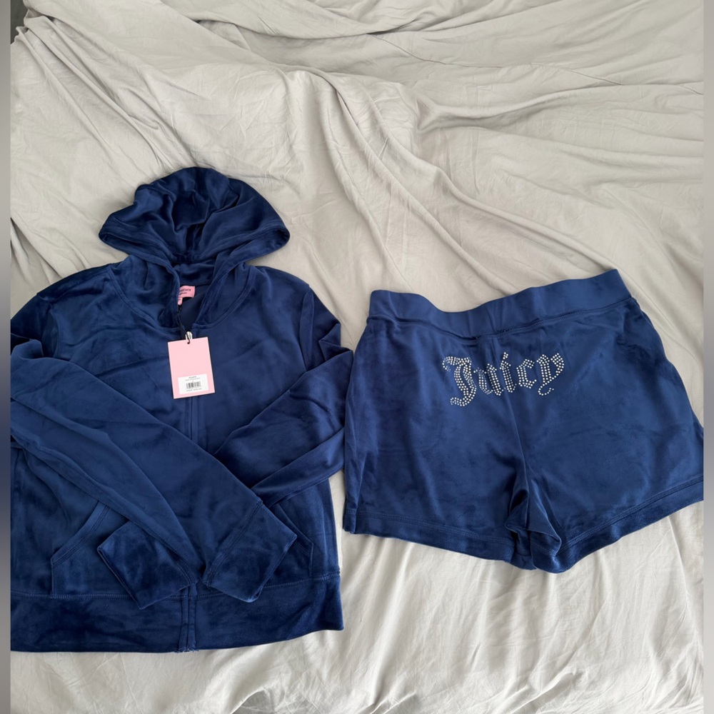 NWT JUICY COUTURE Velour Bling Set large Hoodie Shorts blue Y2K Old Money